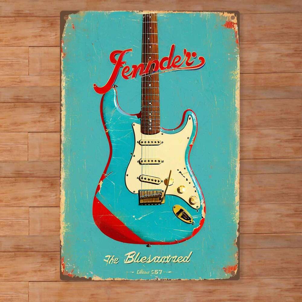 Guitar Metal Wall Art - Retro Poster with "Fender" & "The Bluesastred" Design, Durable Iron Indoor/Outdoor Home Decor for Music 26
