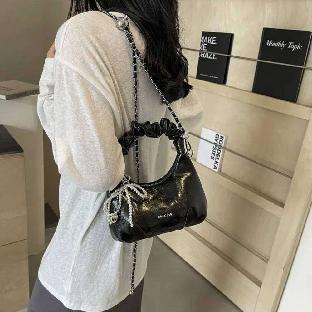 Fashion Pleated Handle Design Underarm Bags Pu Leather Y2K Crossbody Bag Adjustable Strap Pearl Bow Handbag Ladies C260204