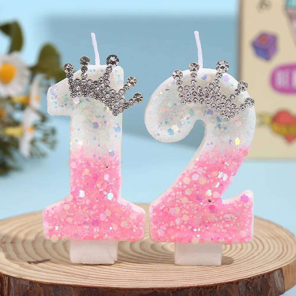 1pc Crown Birthday Digital Festive Atmosphere Princess Style Cake Super Sequins Color Matching Candle S260204