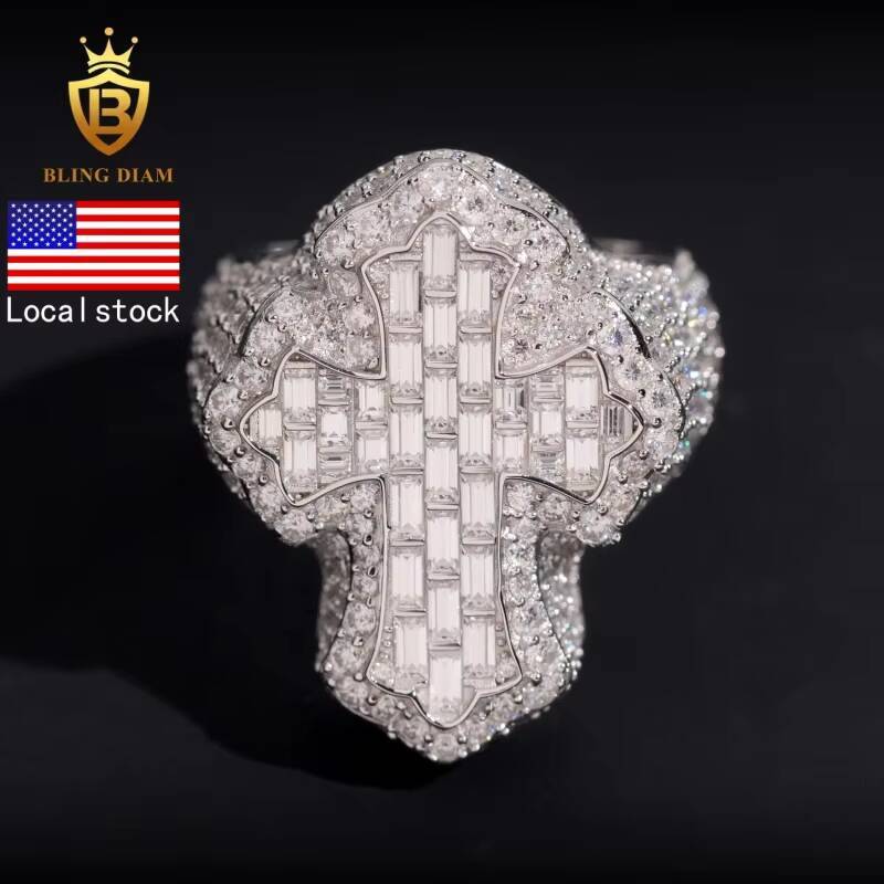 UAS Local Stock Hip-Hop Jewelry 925 Sterling Silver Vvs Moissanite Gra Certifficate Iced Out Jesus Cross Rings for Mens