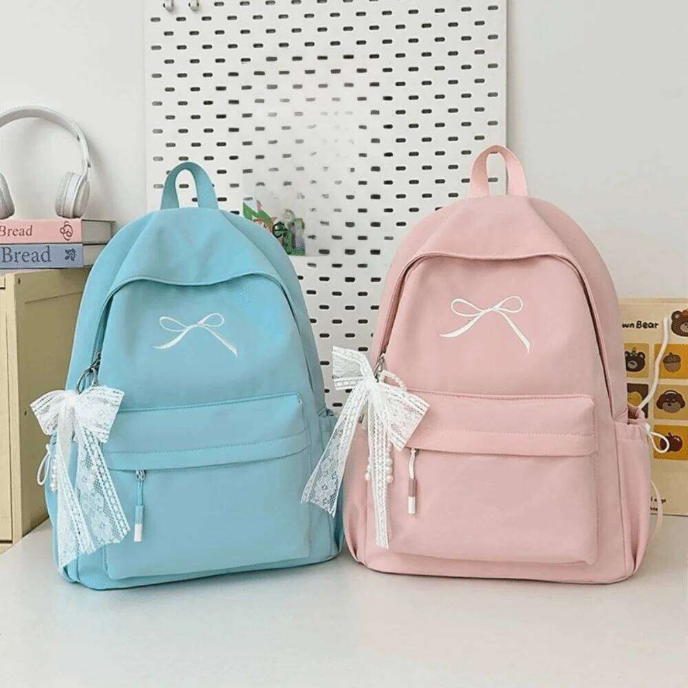 Portable Embroidered Bow Girls Backpack Nylon Large Capacity Students Schoolbag Solid Color Lightweight Travel Rucksack Z260202