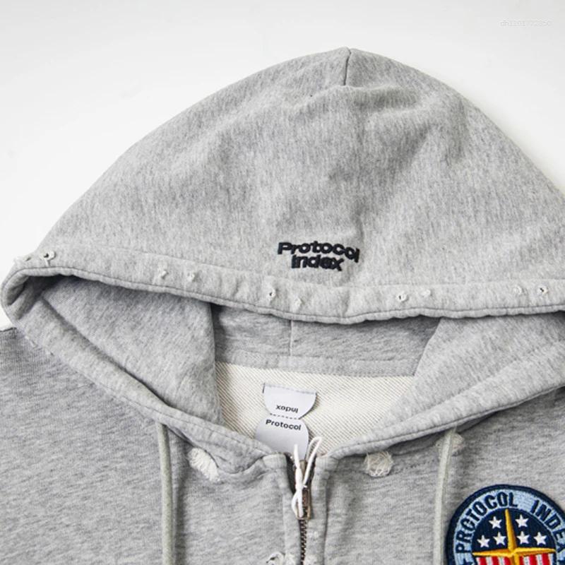 Men's Jackets Retro Old Protocol Index Hoodie Autumn Casual Loose Hooded Sweatshirt Patchwork Pattern Print Zipper Cardigan Streetwear