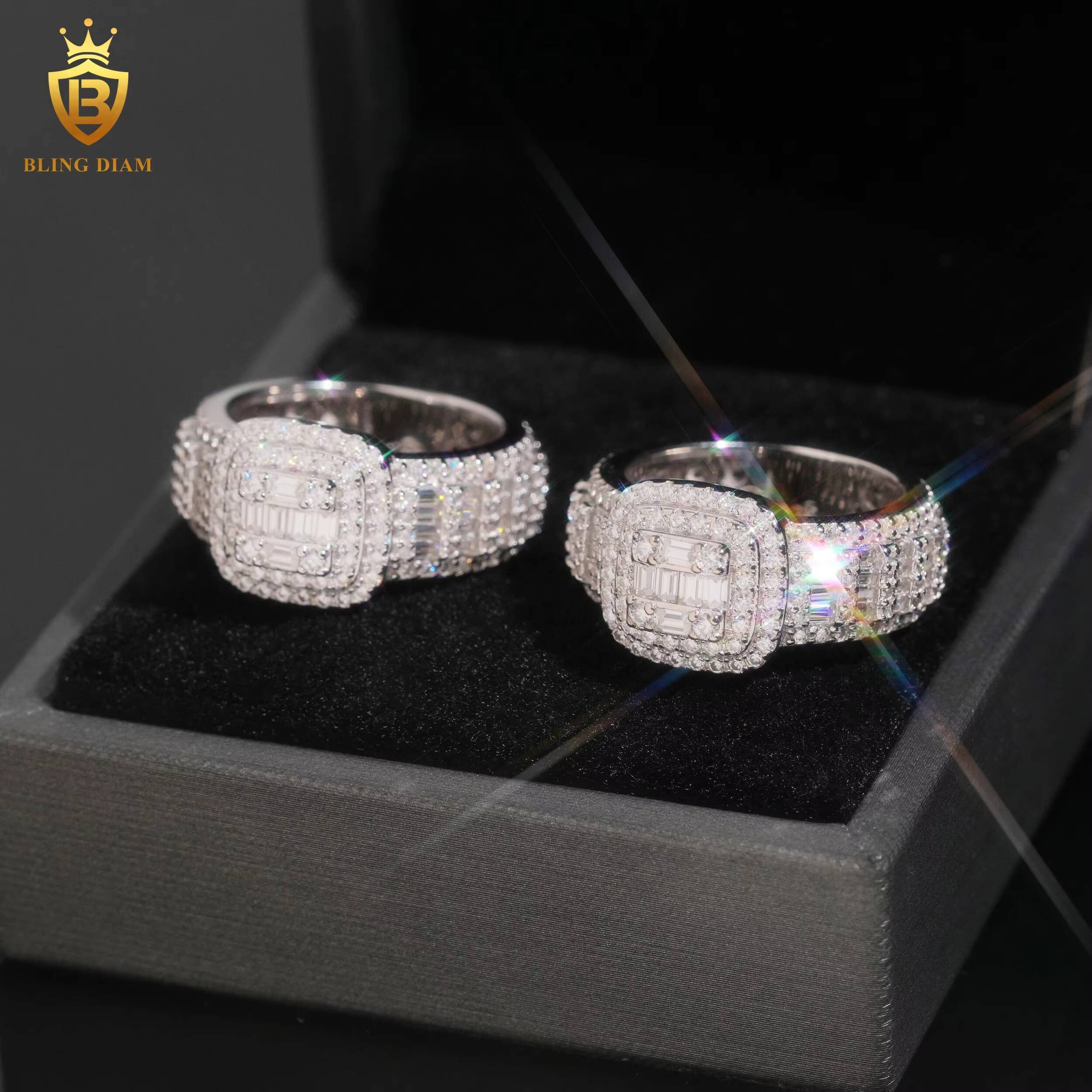 Hot Saling 925 Silver Moissanite Rings Iced Out Baguette Cut Moissanite Rings Mens HipHop VVS Moissanite Rings Past Diamond Test