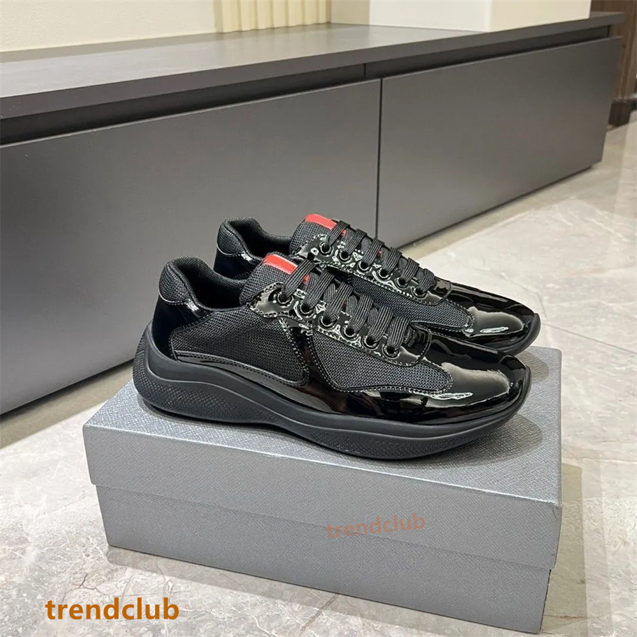Designer Americas Cup Sports Casual Shoes Men Women Patent Leather And Technical Fabric Runner Flat Sneakers Black White Blue Red Rubber Sole Outdoor 