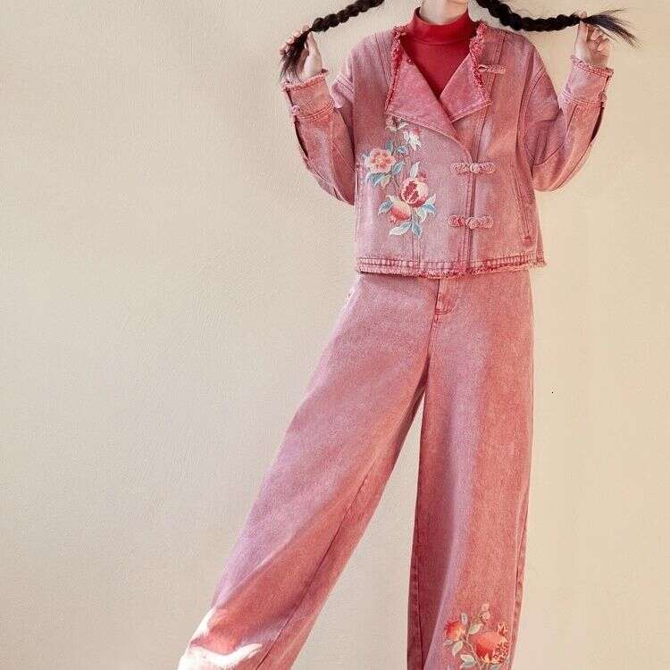 Original Ethnic Autumn New Chinese Style Embroidery Denim Top And Pants Two-Piece Set