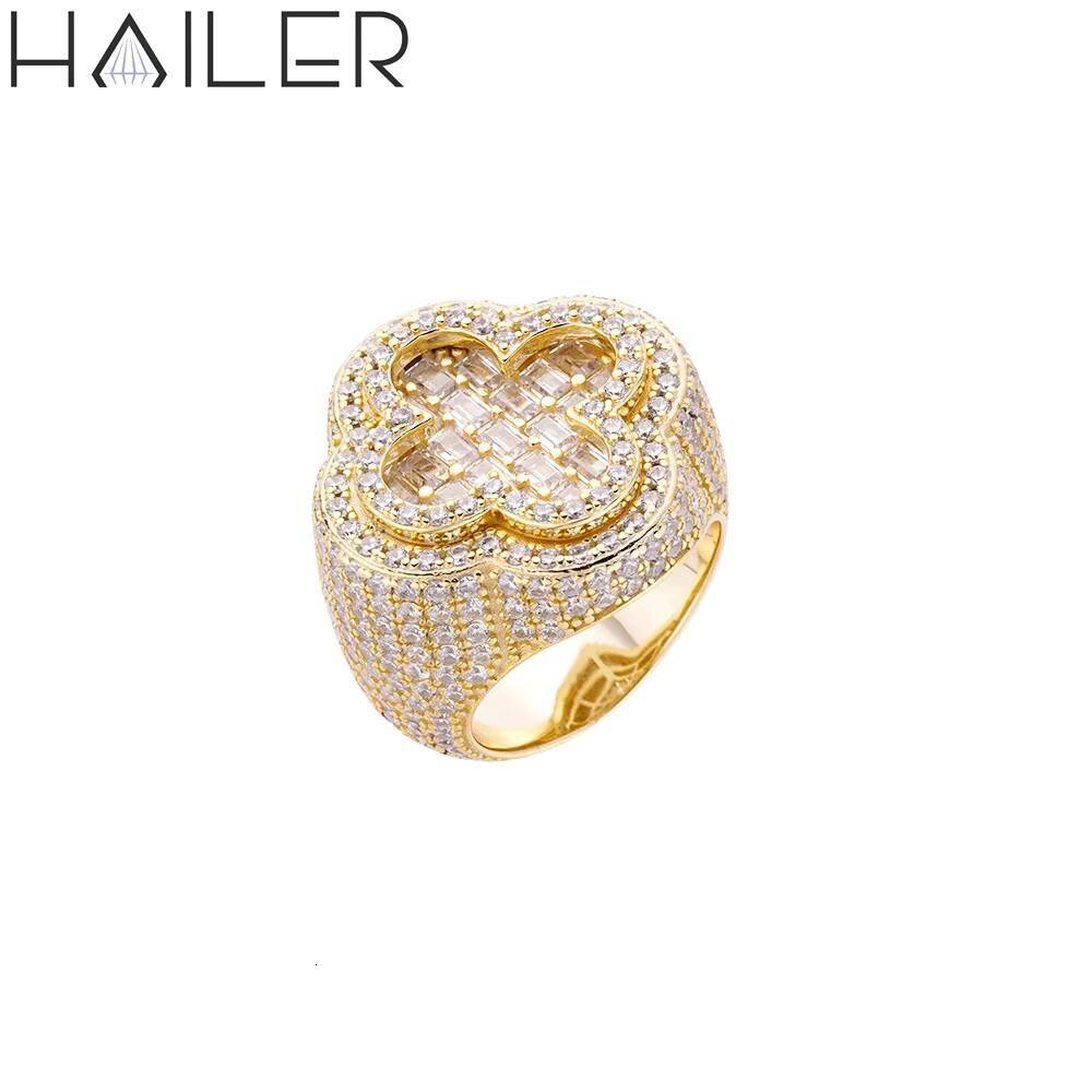 Four Leaf Clover Hiphop Full VVS Diamond Men Moissanite Mens 925 Silver Iced Out Ring Men