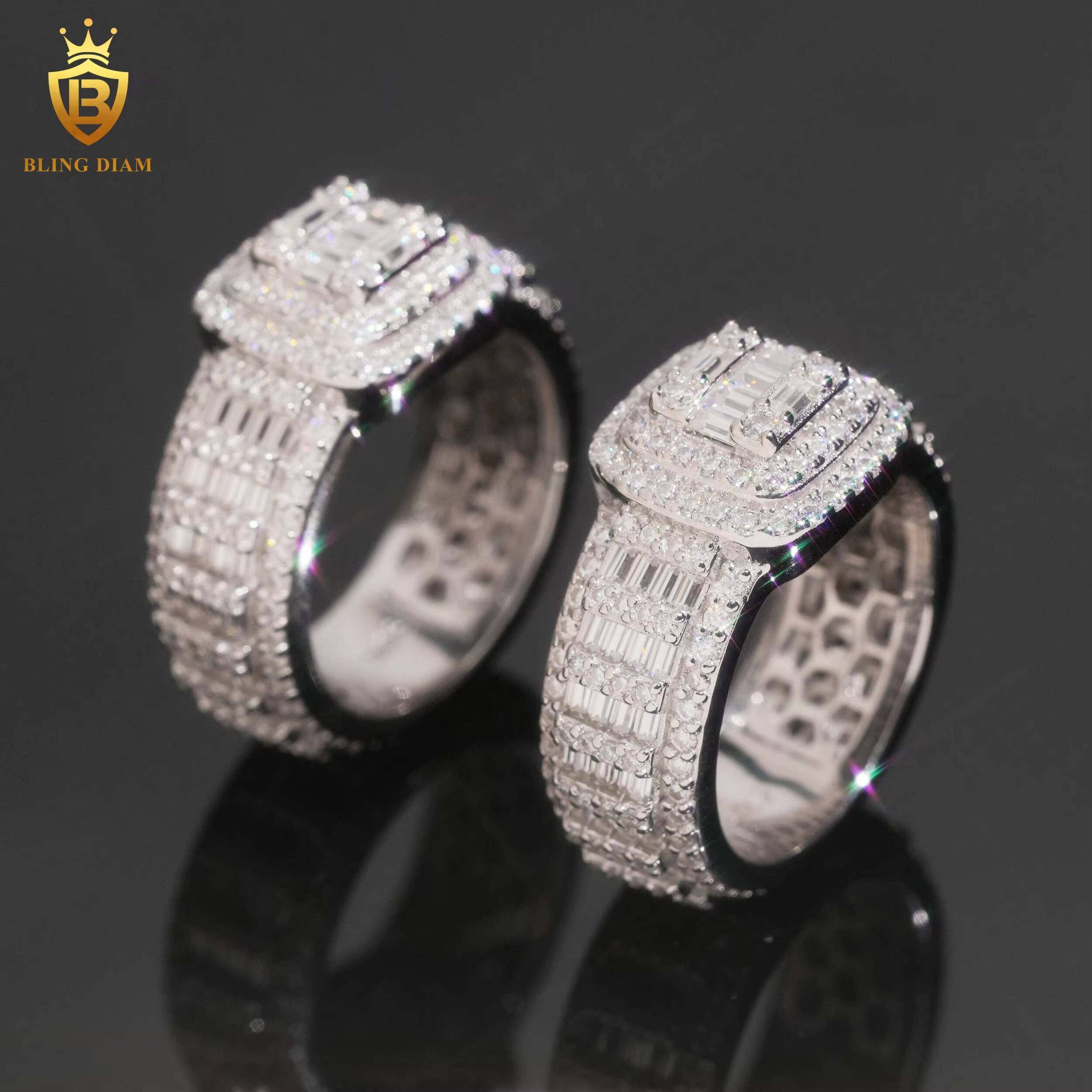 Hot Saling 925 Silver Moissanite Rings Iced Out Baguette Cut Moissanite Rings Mens HipHop VVS Moissanite Rings Past Diamond Test