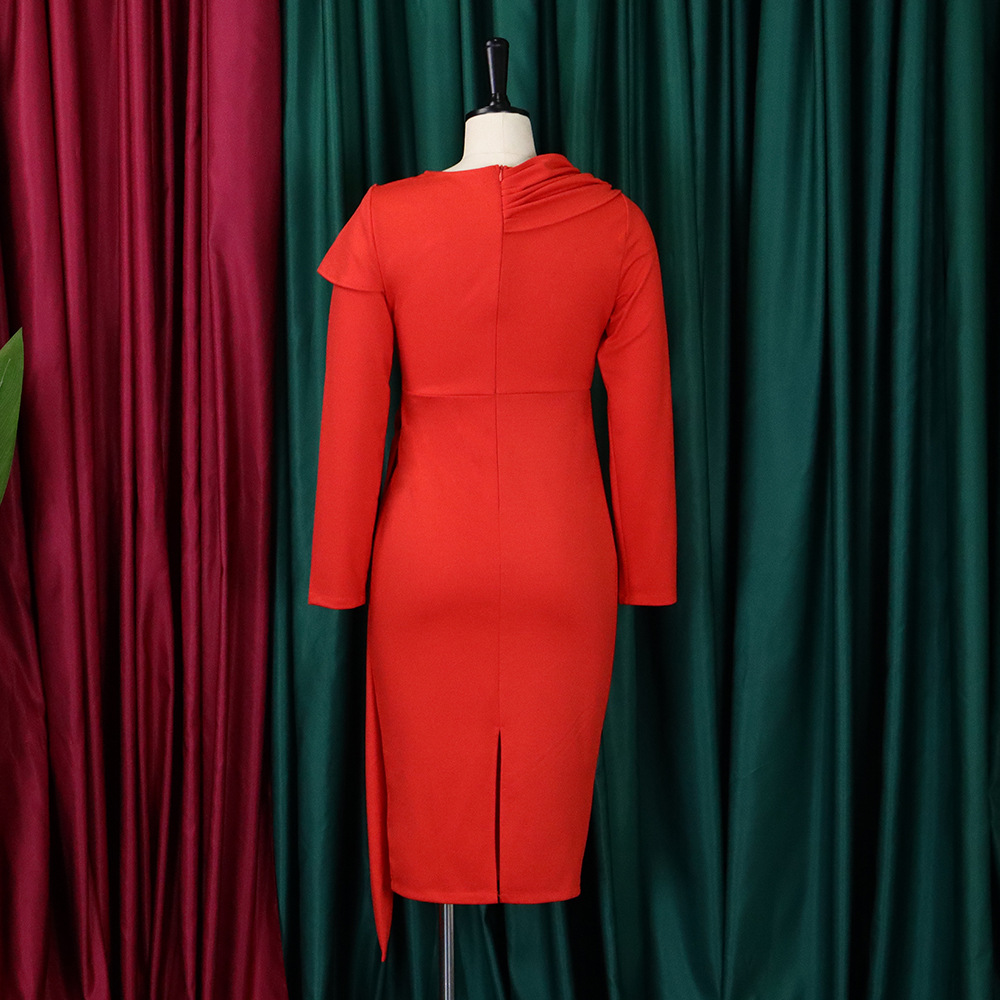 (046) Ladies summer new solid color long sleeve oblique collar pleated pencil skirt dress