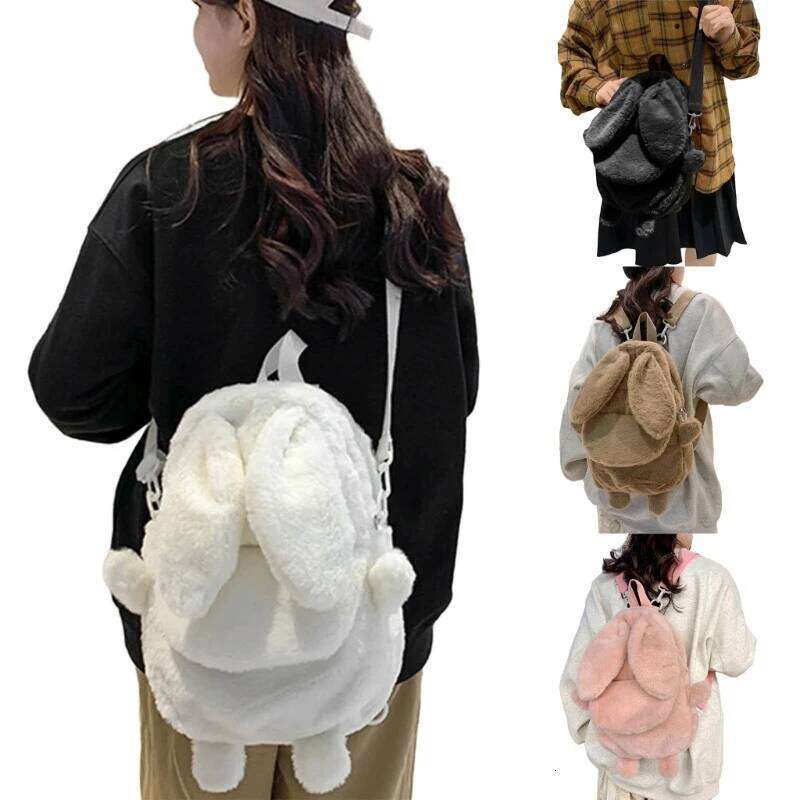Lovely Rabbit Ear Plush Backpack Student Girls Casual Solid Color School Bookbag Women Large Capacity Travel Rucksack Daypack Z260204