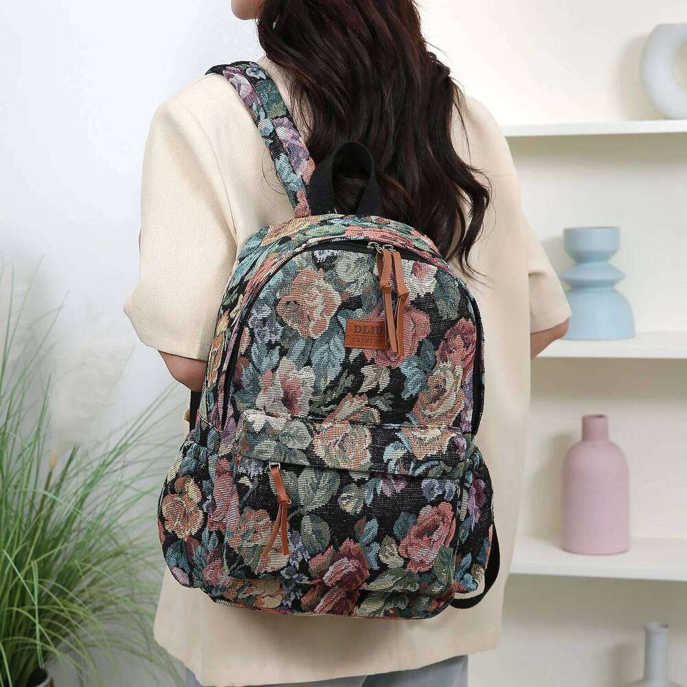 Thickened Embroidered Fabric Floral Pattern Travel Backpack Ladies Large Capacity Shoulder School Luggage Storage Bag Z260202