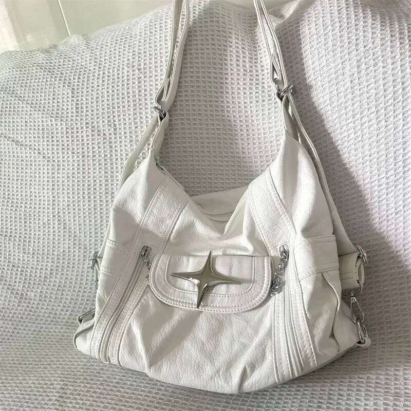 Y2k Large Capacity Shoulder White Pu Leather Star American Style Punk Goth Fashion Simple Designer Handbag Tote Bag C260204