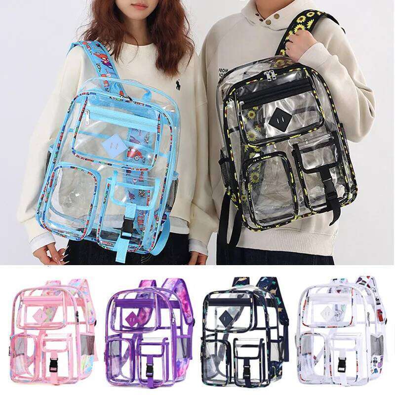 New Clear for, Durable PVC Transparent Bookbag for Girls, Large Capacity Elementary School Bag See Through Backpack Z260202