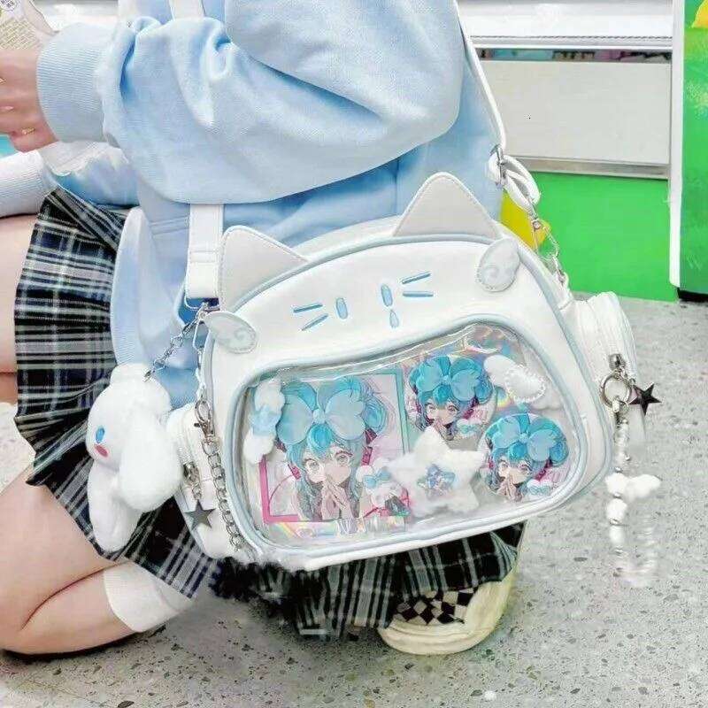 New Y2K Korean Kawaii Cat Ita Cute PU Shoulder Girls Transparent Pocket Harajuku Crossbody Bag Women's Fashion Backpacks Z260202