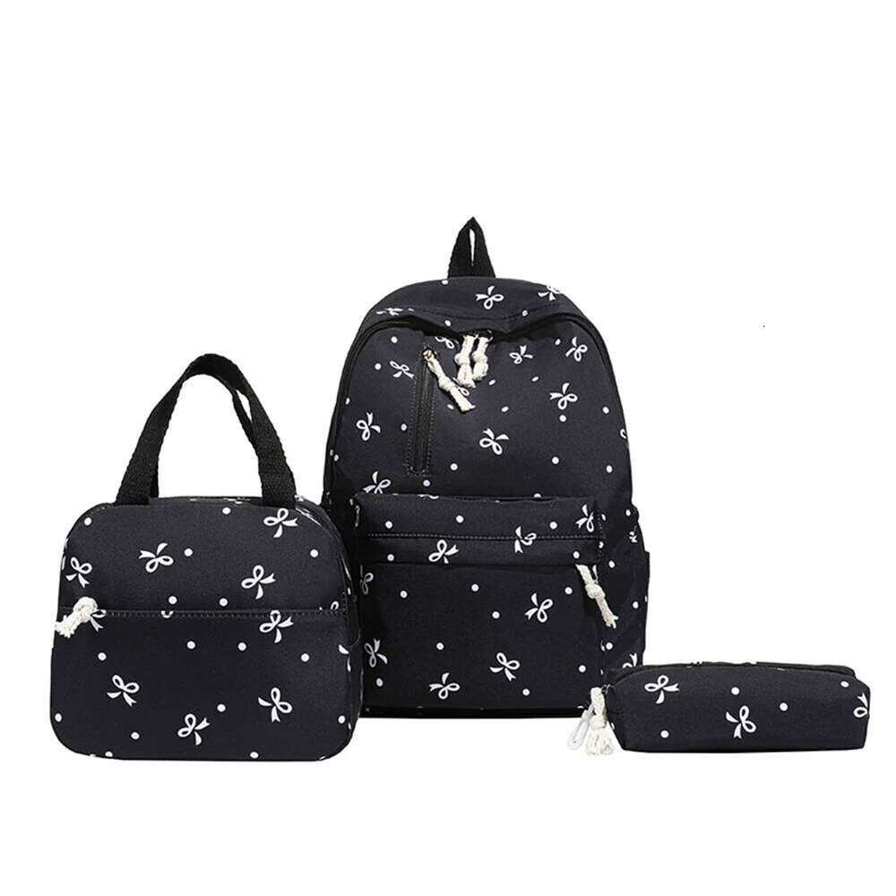 3Pcs/Set Bow Print School Bag with Handbag and Pencil Case Student Rucksack for Girl Women Travel Z260204