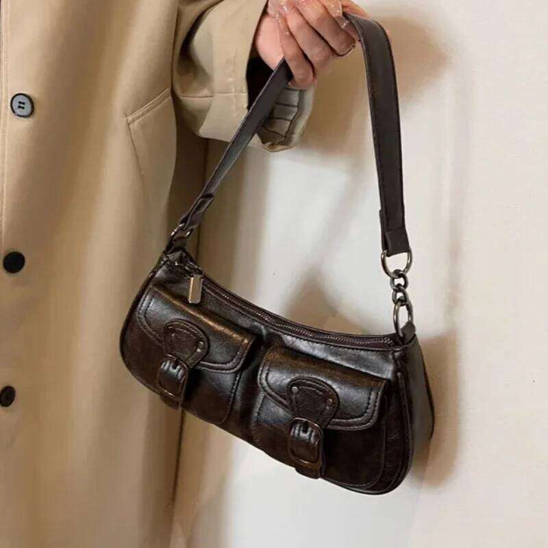Fashion Double Pockets Design PU Leather Shoulder for Women 2026 Tend Female Crossbody Bag Underarm Bags Handbags bolsa C260204