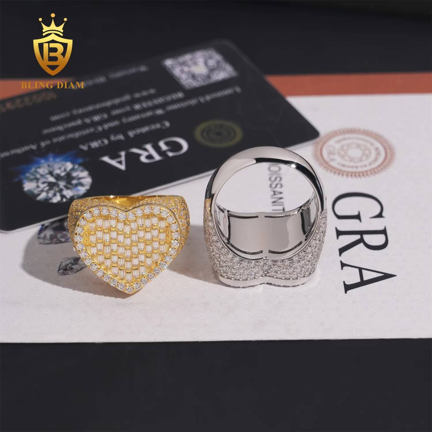 Hip Hop Jewelry 925 Silver Gold-Plated Vvs Moissanite Ice Out Fully Diamond Mens Heart Shaped Rings With Box