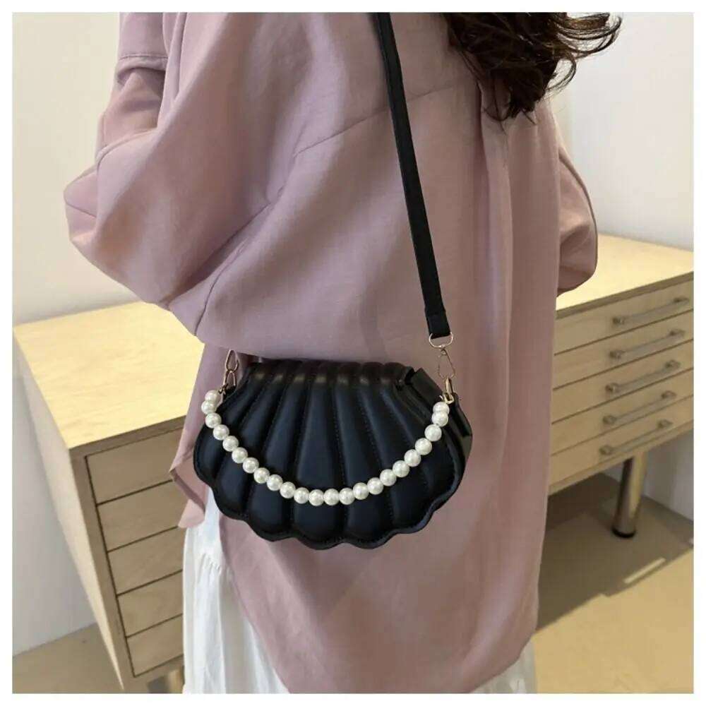 Durable Cute Shell Shoulder Minimalist with Pearls Design Crossbody Bag PU Leather Pearl Decorated Handbag for Women Girls C260204