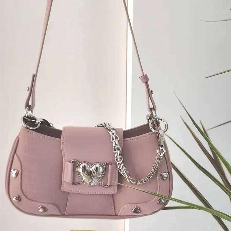 Hot Girls Y2k Handbag Women Vintage Sweet Cool Heart Pink Underarm Female Fairycore Aesthetic Shoulder Bag New Chain C260204