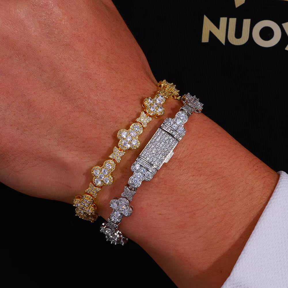 New Mens Iced Chain Link Bracelet Full Paved Moissanite Star Cross Charm 18K Gold Plated Copper Alloy Hip Hop Anniversary