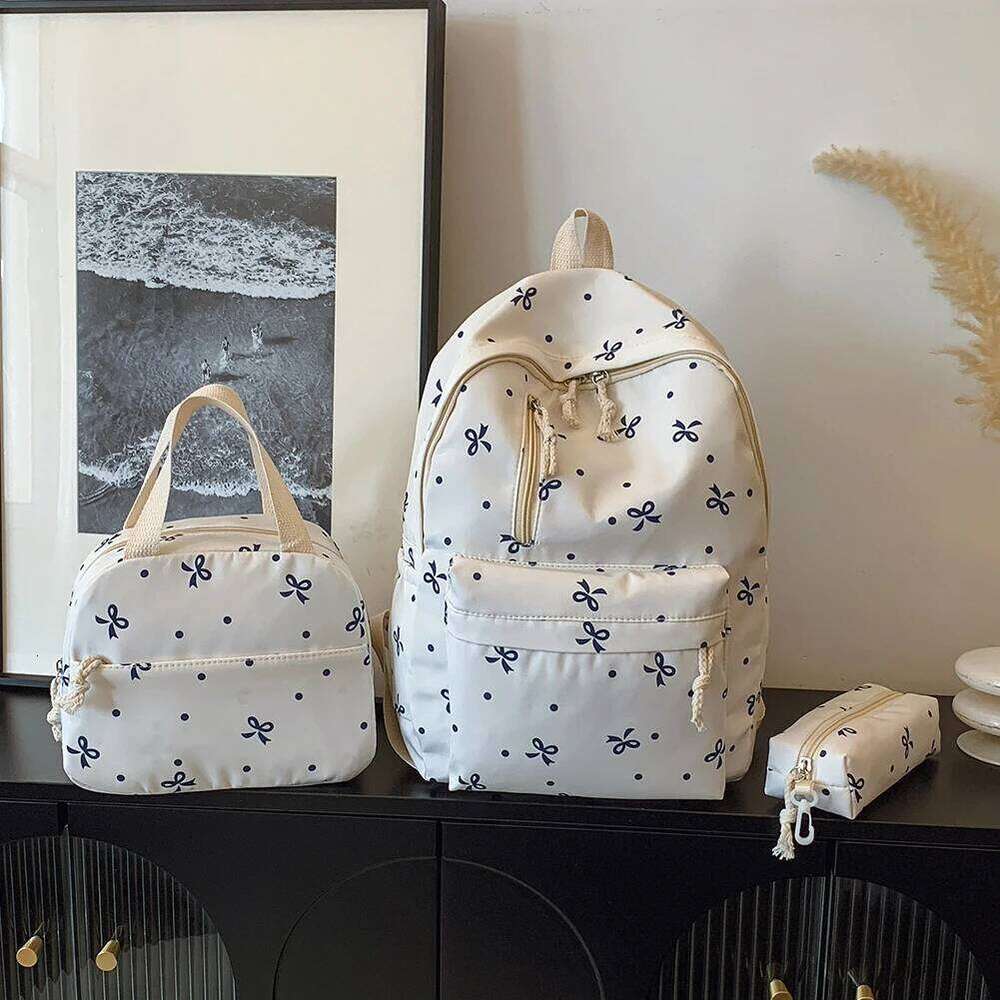 3Pcs/Set Bow Print School Bag with Handbag and Pencil Case Student Rucksack for Girl Women Travel Z260204