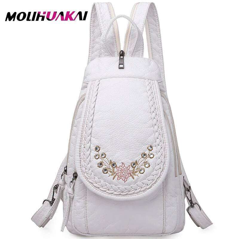 2024 New Backpack Embroidered High Quality Leather Women Fashion Embroidery Bag Large Capacity Travel Backpacks Z260204