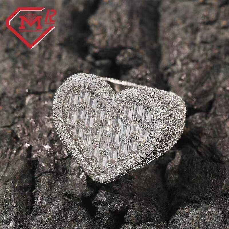 Full Iced Chunky Heart Shaped Moissanite Ring 925 Silver Icy Baguette Moissanite Diamond Hip Hop Ring for Women