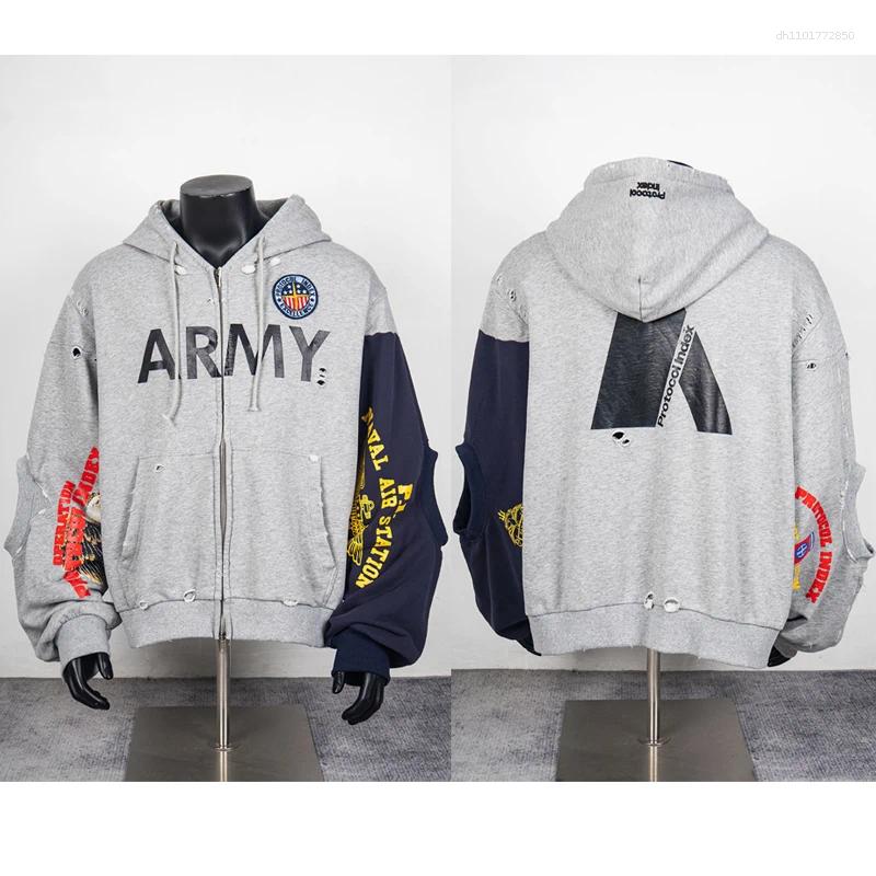 Men's Jackets Retro Old Protocol Index Hoodie Autumn Casual Loose Hooded Sweatshirt Patchwork Pattern Print Zipper Cardigan Streetwear