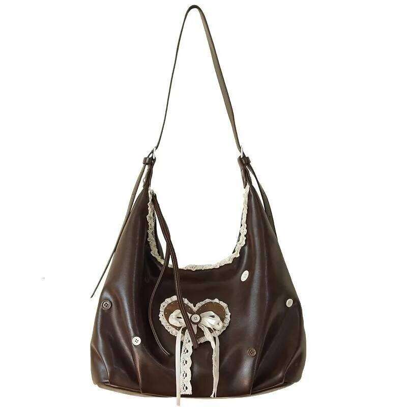 Retro Harajuku Style Brown Lace Button Tote Women Romantic Heart Bow Handbag Ladies Leather Large Capacity Crossbody Bag New C260204