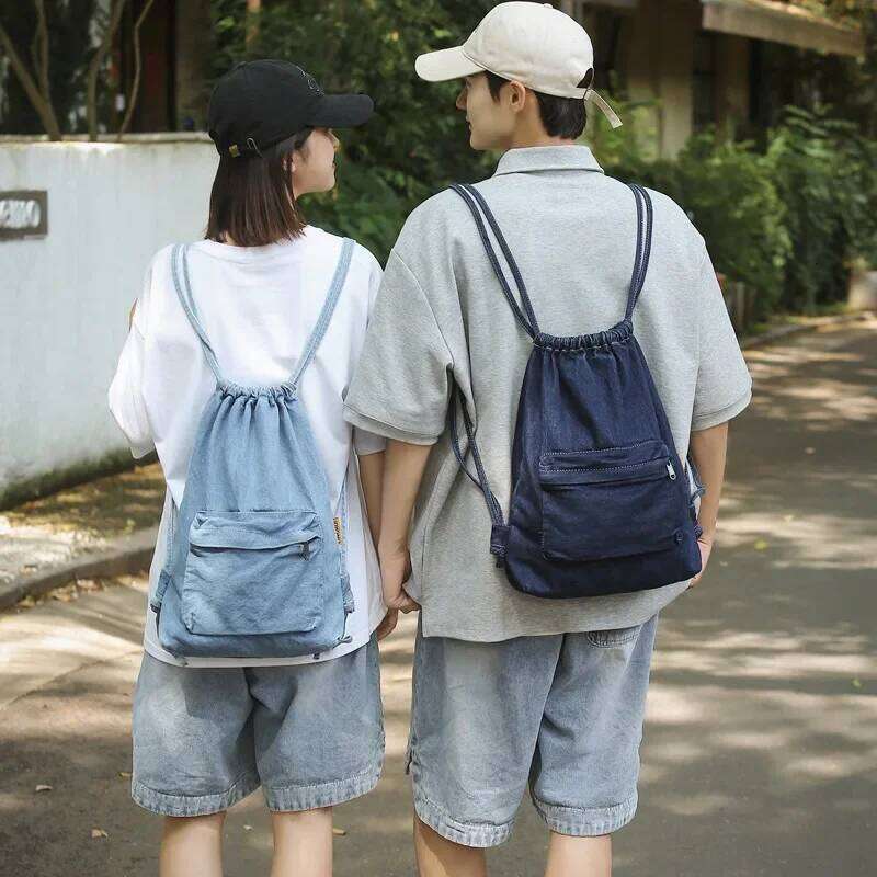 Mochila Washed Drawstring Canvas Bag for Women's Retro Fashion Travel Unisex Solid Color Denim Backpack Z260202