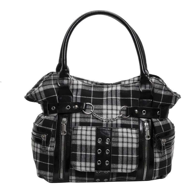 Fashion Check Pattern Gothic Punk Tote Large Capacity Rivet Belt Design Women's Casual Commuter Shoulder Hand-held Bag C260204