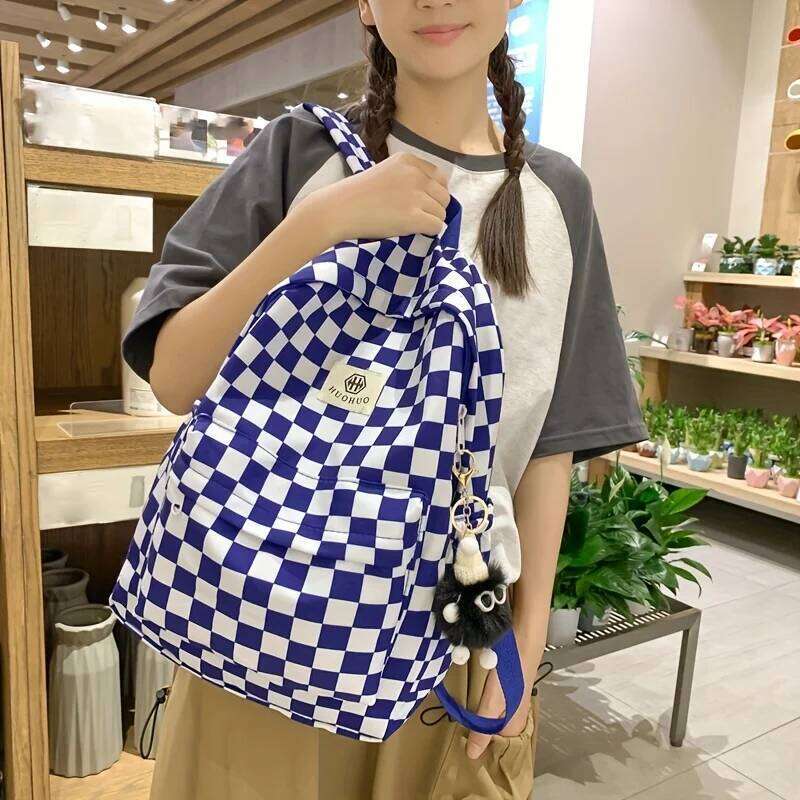 Bags Female Junior High College Middle School Students, Ins-Style Girls' Backpacks, Checkerboard Pattern Backpacks for Girls, Available in Five C