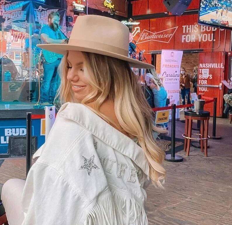 With Stars White Fringe Pearl & Rhinestone Personalized Bride Jacket Custom Mrs.Jean Wifey Denim Wedding Coats Tops