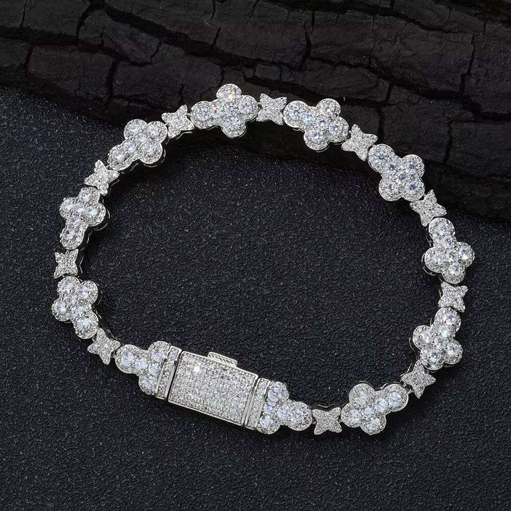 New Mens Iced Chain Link Bracelet Full Paved Moissanite Star Cross Charm 18K Gold Plated Copper Alloy Hip Hop Anniversary