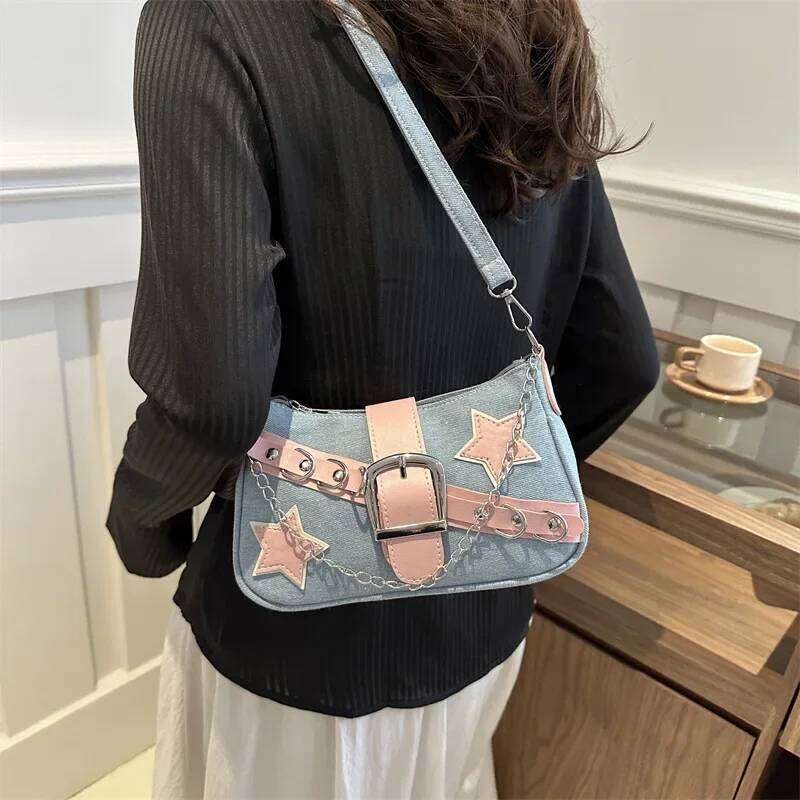 Y2k Cool Hot Girls Denim Shoulder Bags Vintage Rivet Star Women's Chain Underarm Bag Contrasting Color Female Portable Handbag C260204