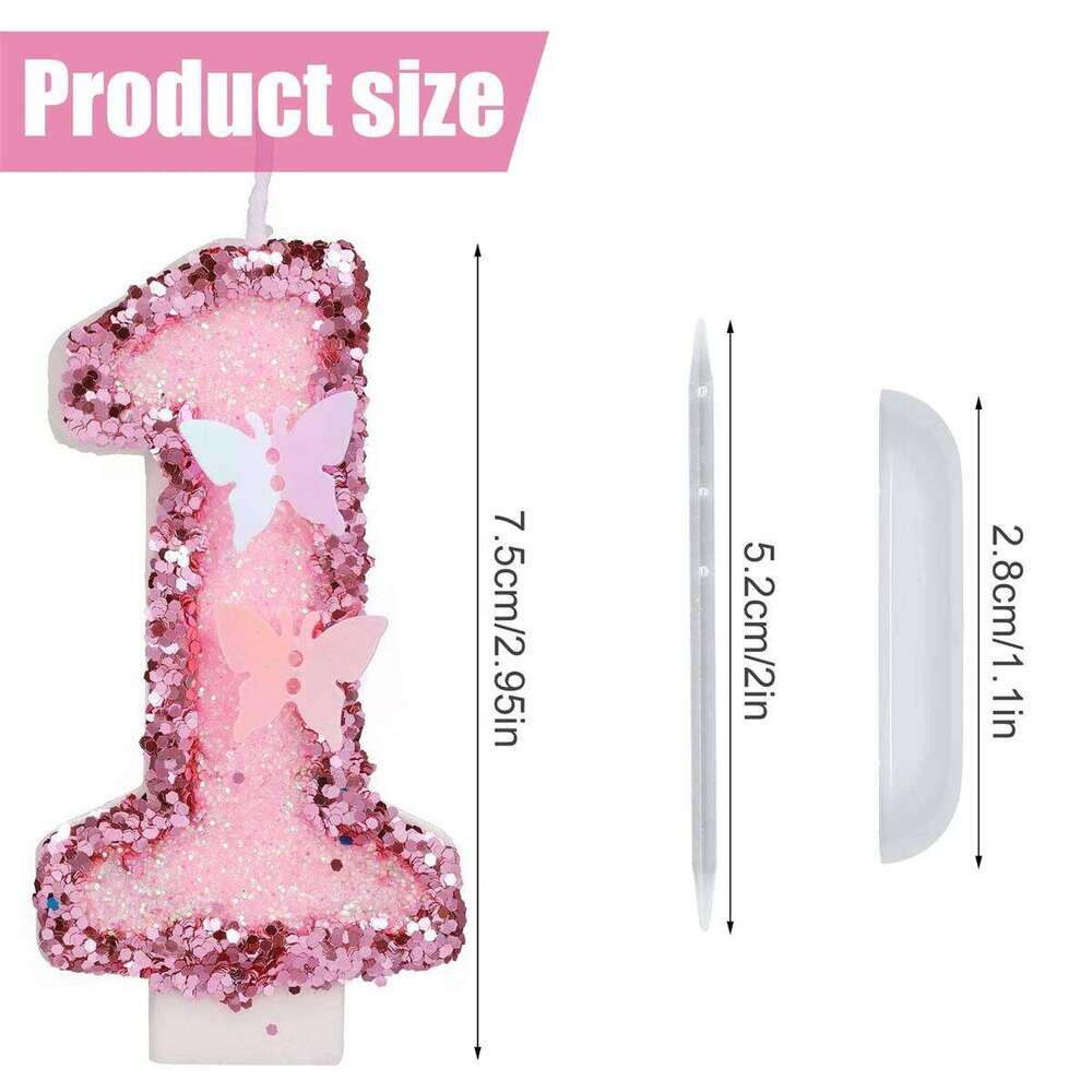 2.9inch Glitter Pink Decorated Number Candle, Cake Decoration Sequin Butterfly Happy Birthday Gift Candles S260204