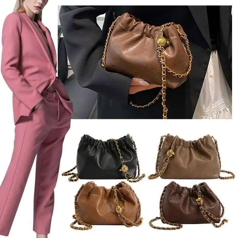 Women's Tote PU Leather Hobo Fashionable Retro Bucket Korean Chain Crossbody Bag C260204
