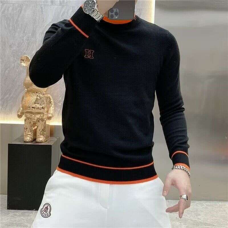 Men's Knitted Long Sleeve Round Neck Letter Embroidery Autumn Winter Sweater Versatile Base Layer Slim Fit Trendy T-Shirt
