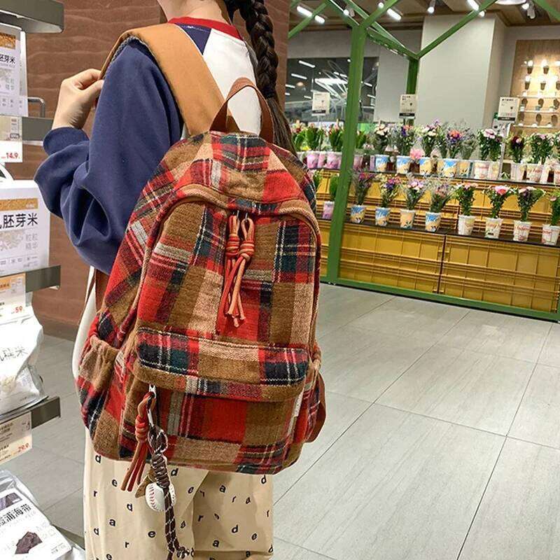 2025 New Fashion Retro Plaid Women Student Book Backpack for Teenage Girl School Bag Large Capacity Travel Rucksack Z260202