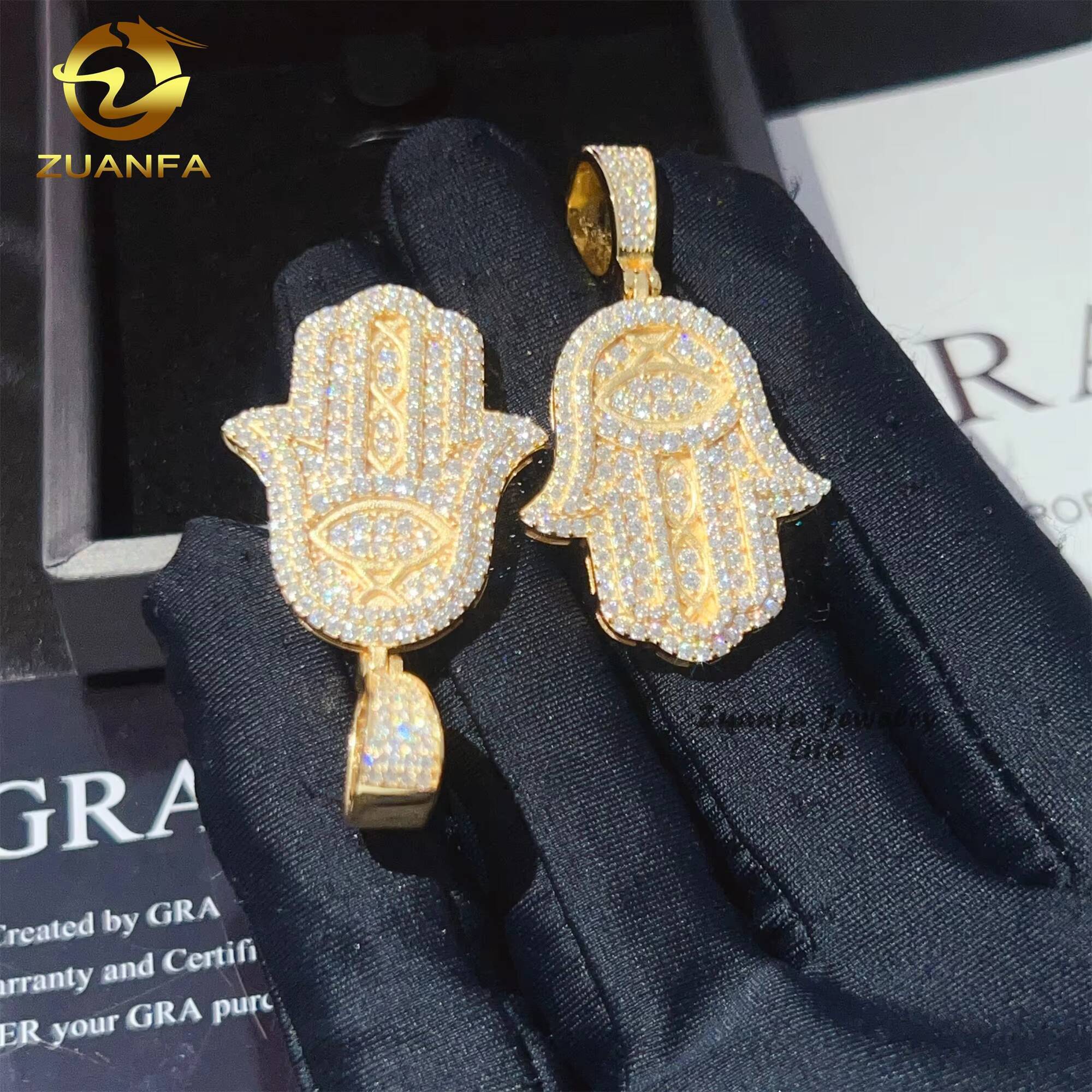 New Arrival Hip Hop Jewelry 18k Gold Plated GRA Certificate Custom 925 Silver VVS Moissanite Hamsa Hand Pendant