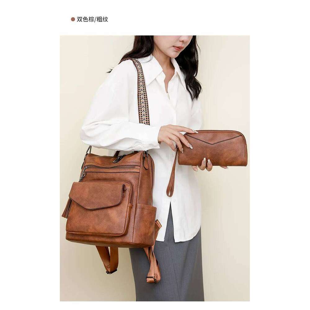 Womens Leather Backpack Purse Fringe Design For Women Travel Fashion Ladies Shoulder Bags 2 Pieces Z260202