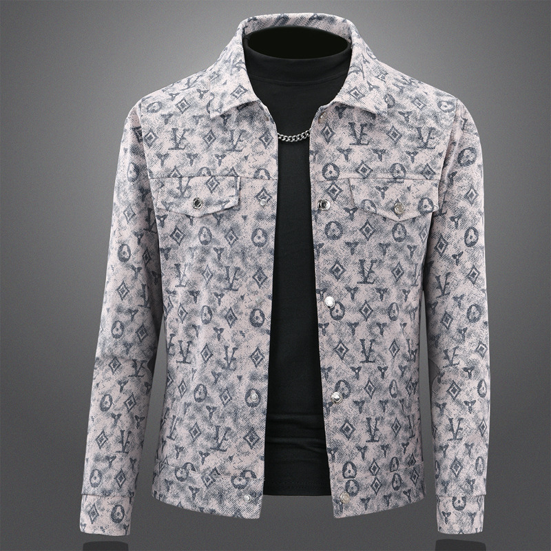 Free Shipping 2026 Spring Autumn New Print Design Turn Down Collar Jacket Men Fashion Loose Light Luxury Feel Casual Versatile Outwear Size M-4XL
