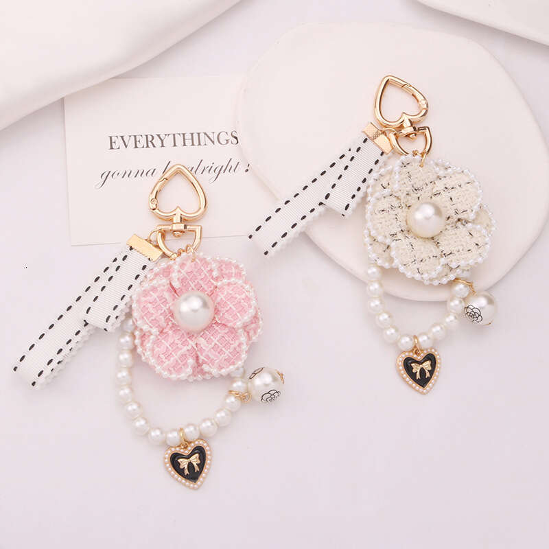 New Pearl Camellia Ribbon Keychain Pendant Cute Colorful Fabric Flower Accessories Earphone Case Bag Decoration