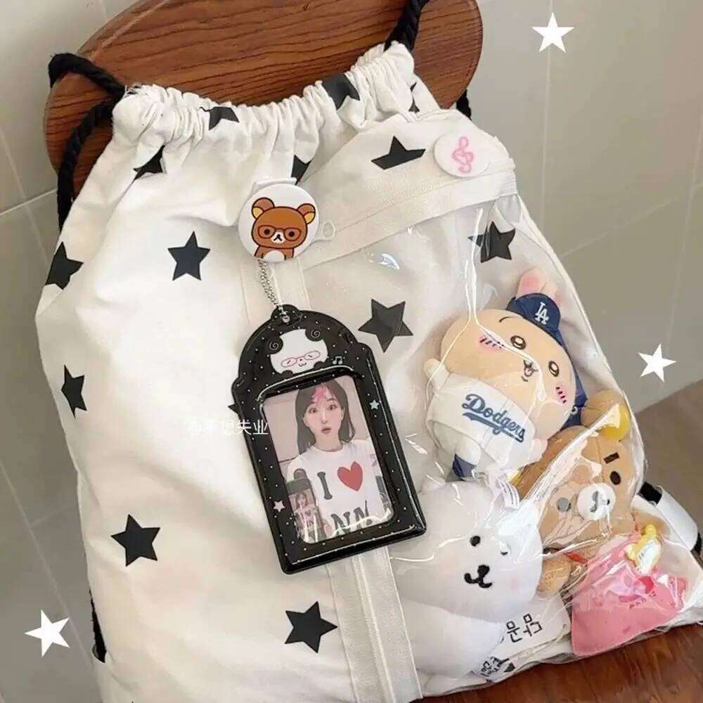 Korean Fashion Student Canvas Y2K Star Print Drawstring Backpack Girls Lightweight Pain-Free Large Capacity Shoulder Bag Z260202