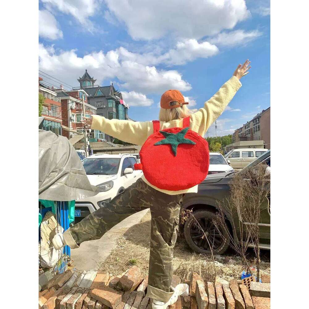 Tomato Shaped Fashion Sweet Street Style Korean Furry High-Capacity Backpack Unisex Z260204