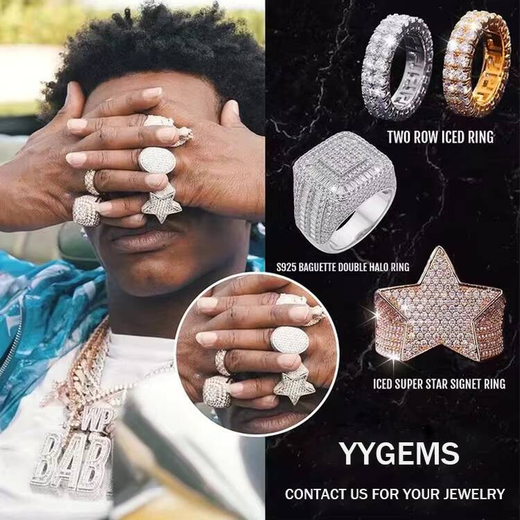 Custom VVS Moissanite Cuban Ring Fine Jewelry S925 Sterling Silver Gold Plated Men Ring Trap House Moissanite Diamond Ring