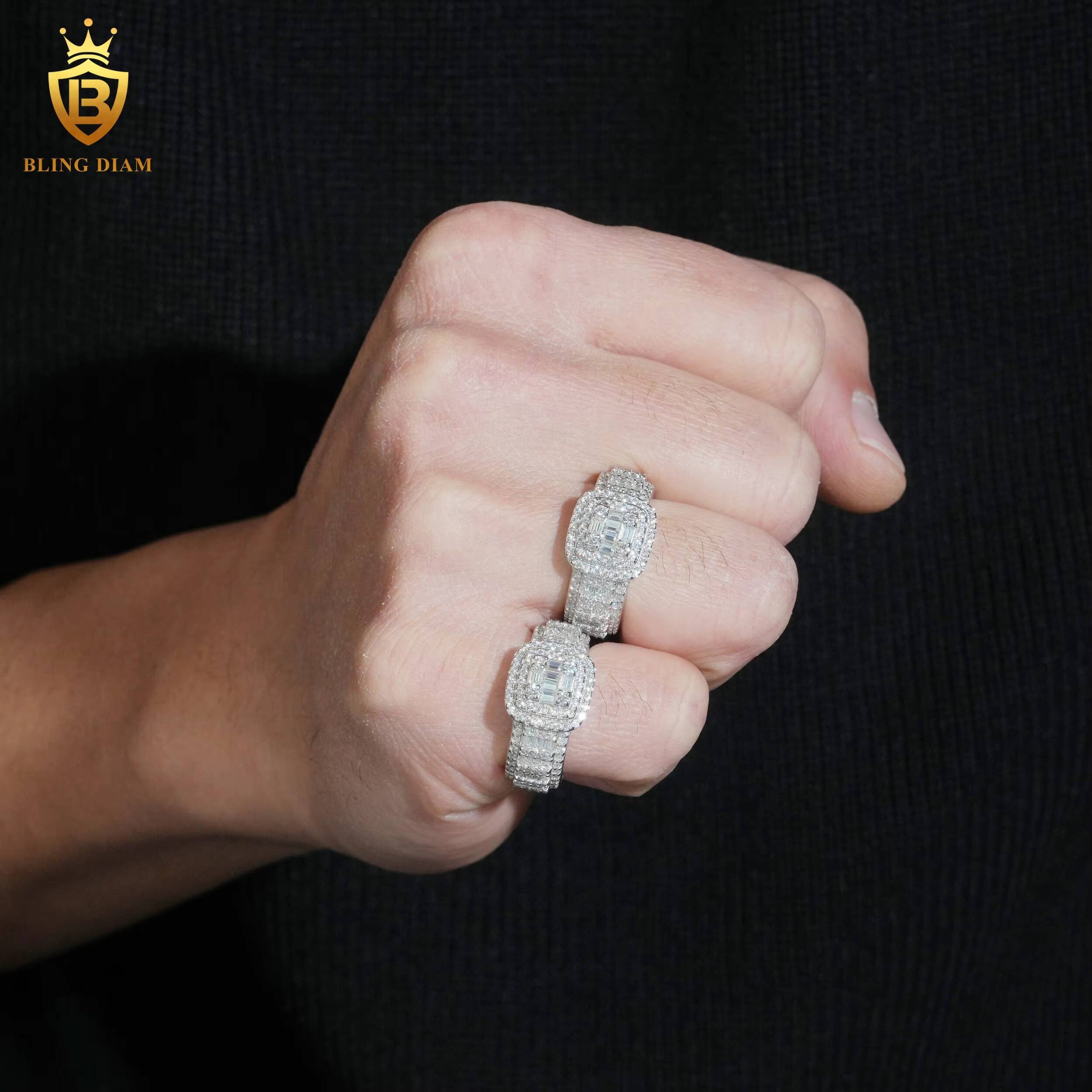 Hot Saling 925 Silver Moissanite Rings Iced Out Baguette Cut Moissanite Rings Mens HipHop VVS Moissanite Rings Past Diamond Test