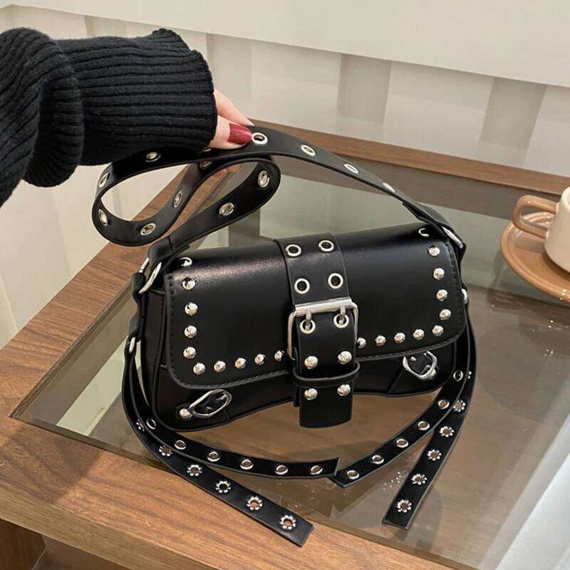 Shoulder Bag for Women Punk Style PU Leather Rock Fashion Handbags with Small Trendy Armpit Purse C260204