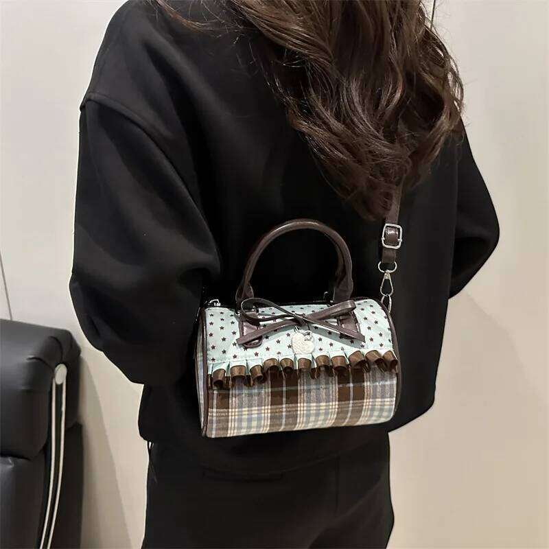 Sweet Bow Girls Crossbody Pillow Bags Versatile Vintage Plaid Ladies Shoulder Bag Lightweight Portable Women Handbag Purse C260204