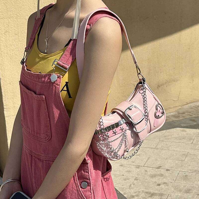 Women's PU Shoulder Bags Baguette Shape Sliver Chains Star Stickers Waterproof Fashion Luxury Handbags C260204