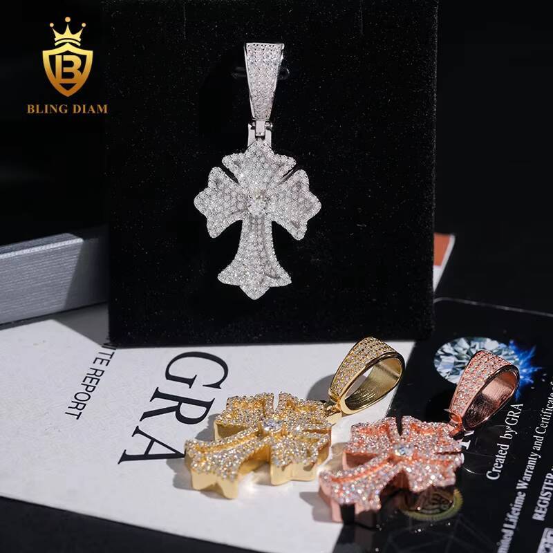 New Fashion GRA Certified Pass Diamond Tester Hip Hop Jewelry 925 Sterling Silver Iced Out VVS Moissanite Cross Pendant